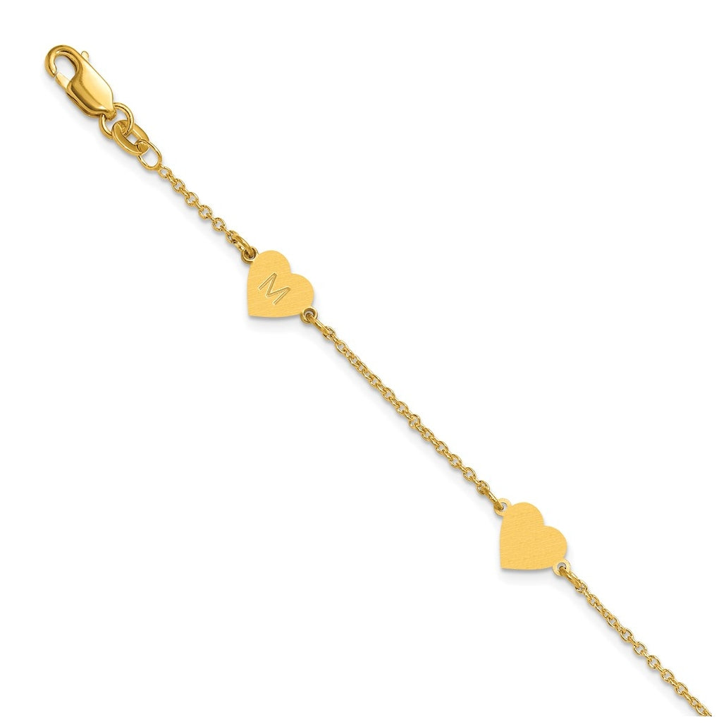 14K Yellow Or White Or Rose Gold Or Sterling Silver Brushed Station Heart Bracelet