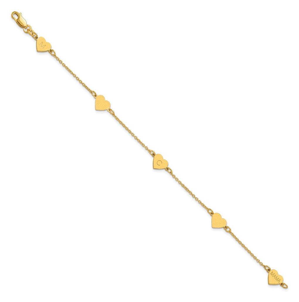 14K Yellow Or White Or Rose Gold Or Sterling Silver Brushed Station Heart Bracelet