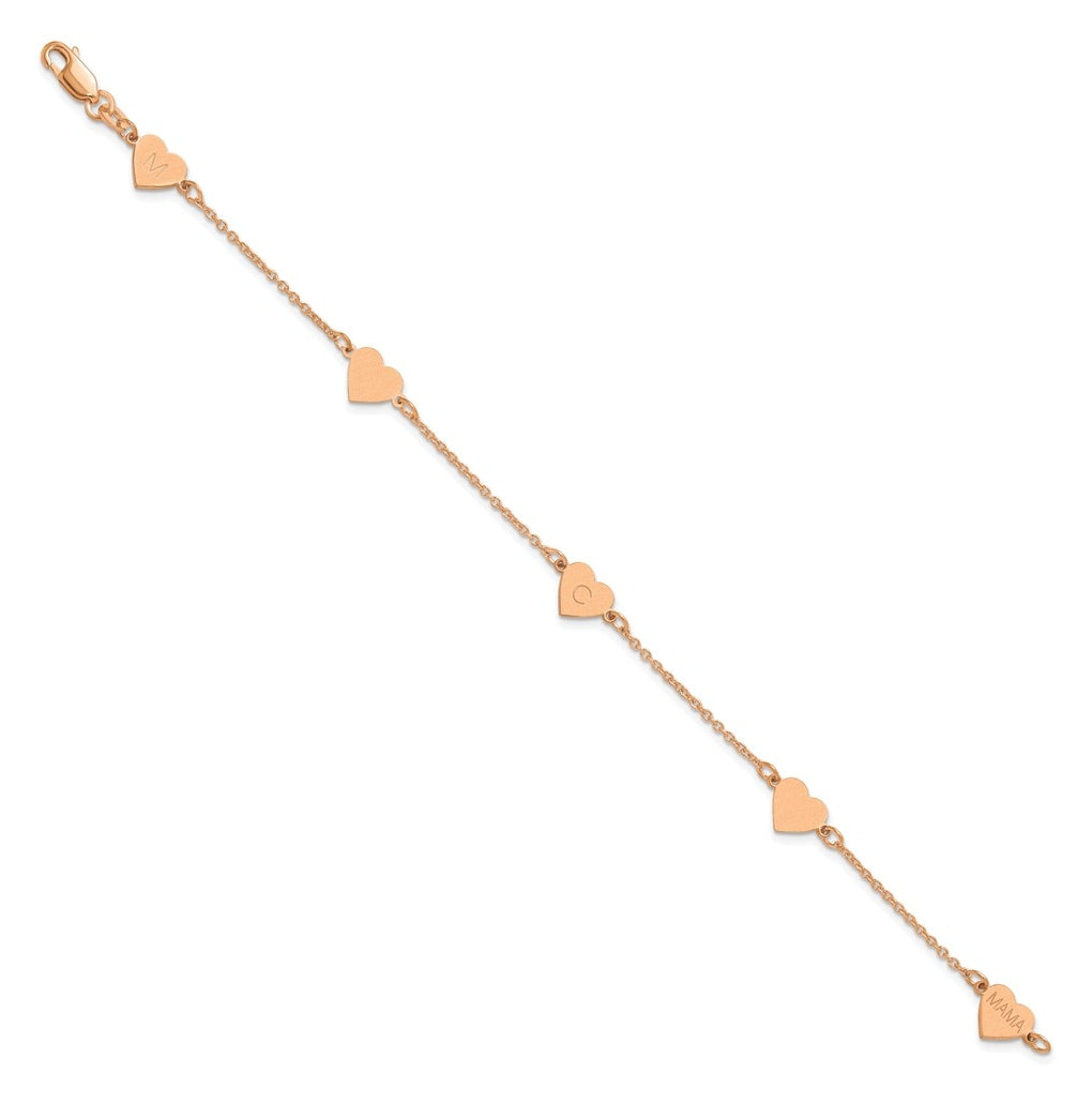 14K Yellow Or White Or Rose Gold Or Sterling Silver Brushed Station Heart Bracelet
