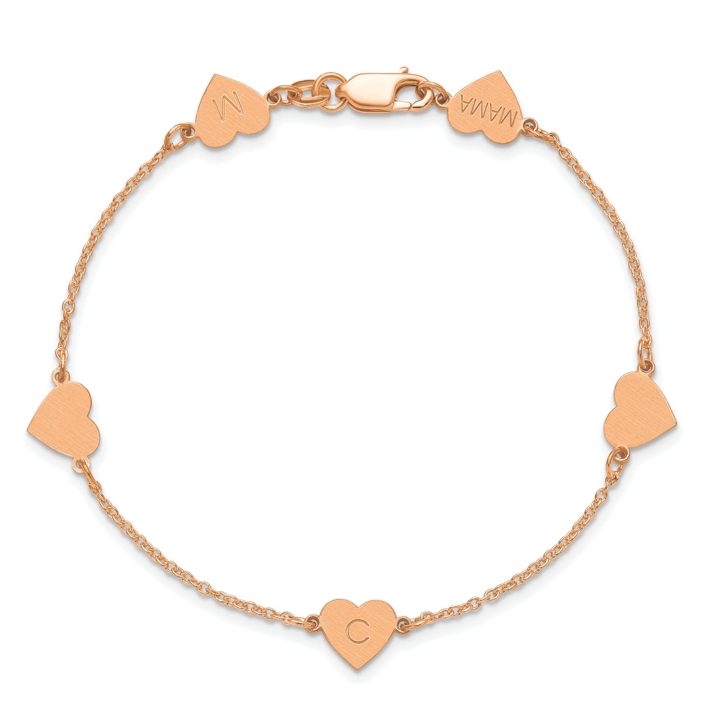 14K Yellow Or White Or Rose Gold Or Sterling Silver Brushed Station Heart Bracelet
