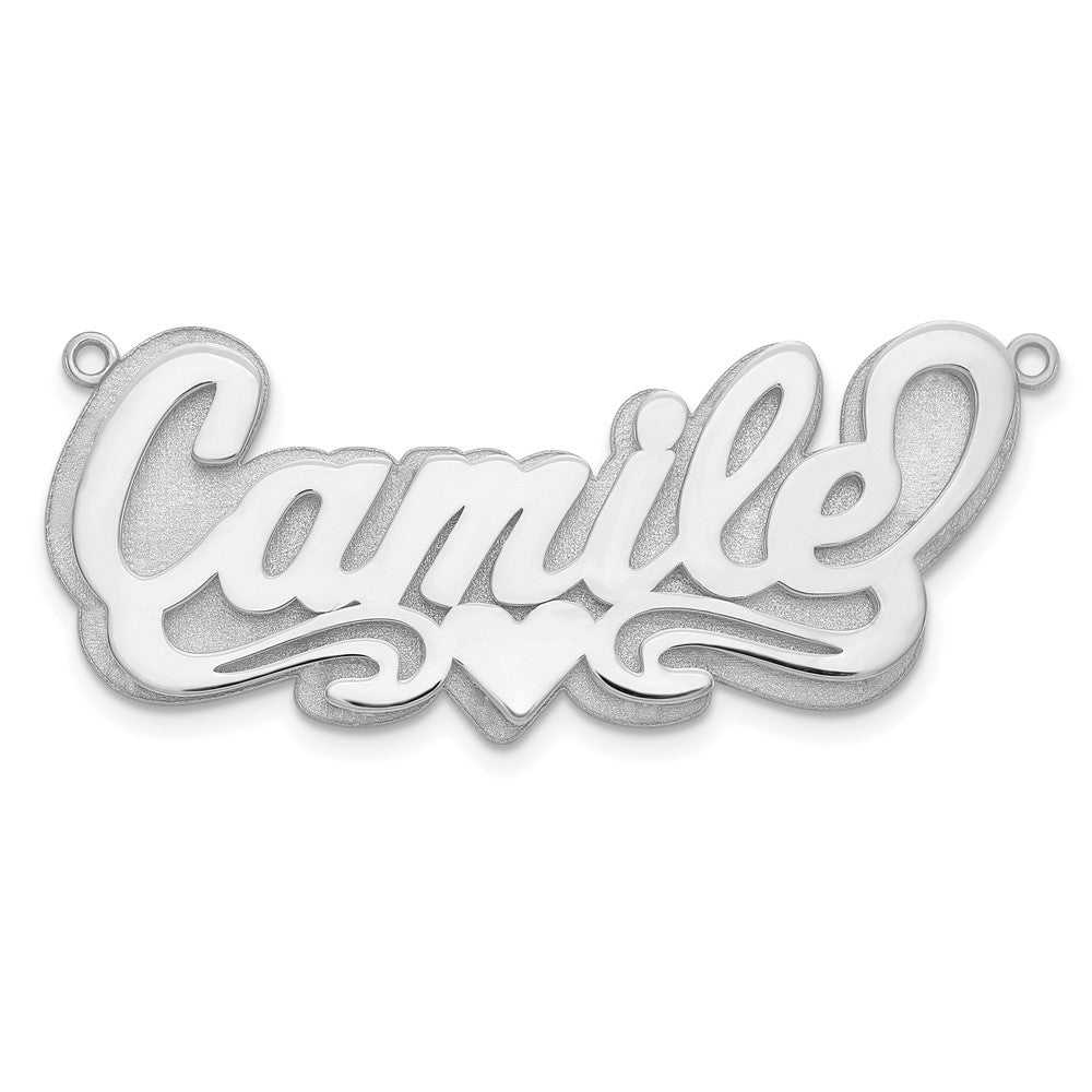 Sterling Silver Rhodium plated 3D Polished Heart name Plate