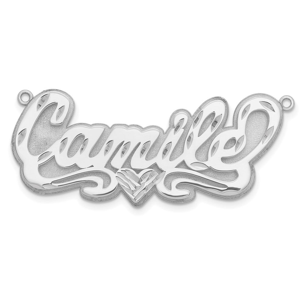 Sterling Silver Rhodium plated 3D Diamond-cut Heart Name Plate
