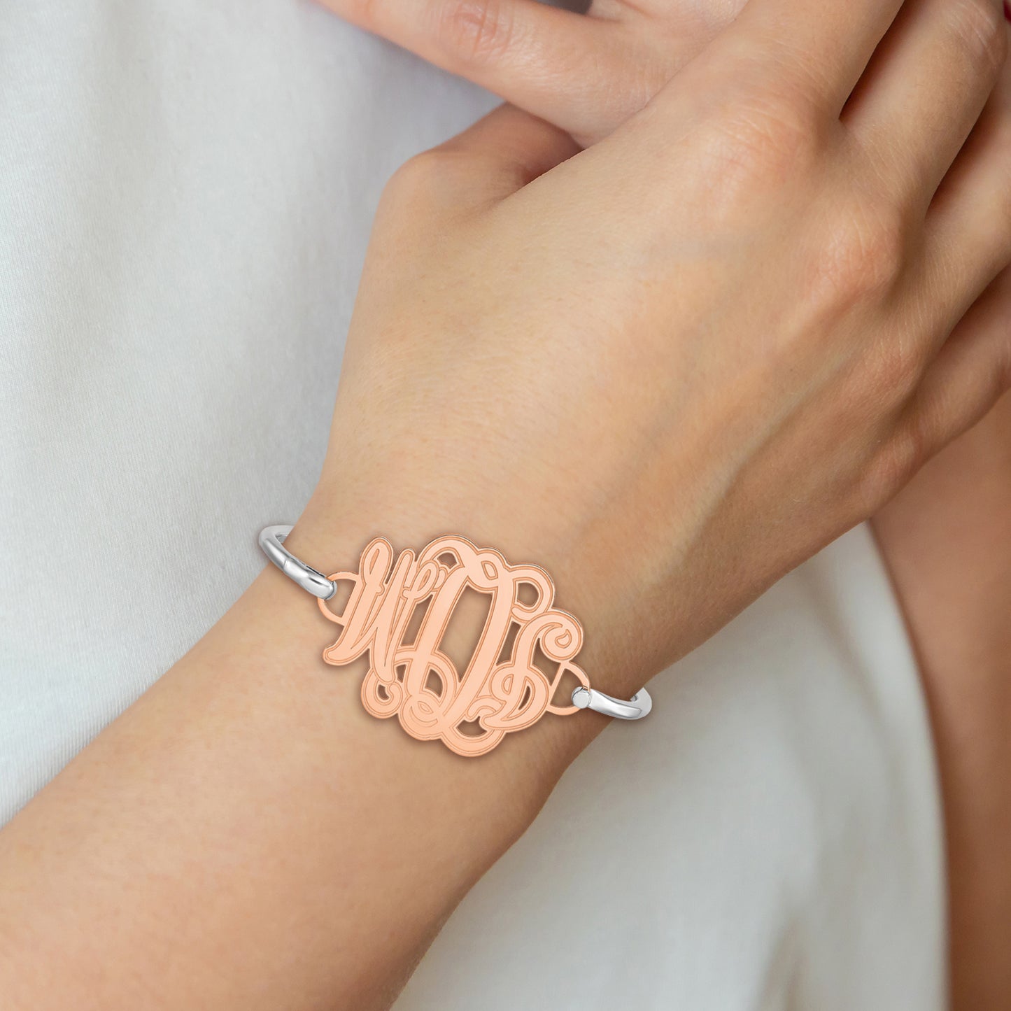 14K Rose Gold Etched Outline Monogram Plate with Sterling Silver Bangle