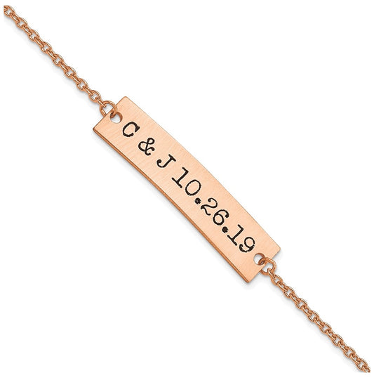 14K Rose Gold Brushed Couple's Initials and Date Enameled Bar Bracelet