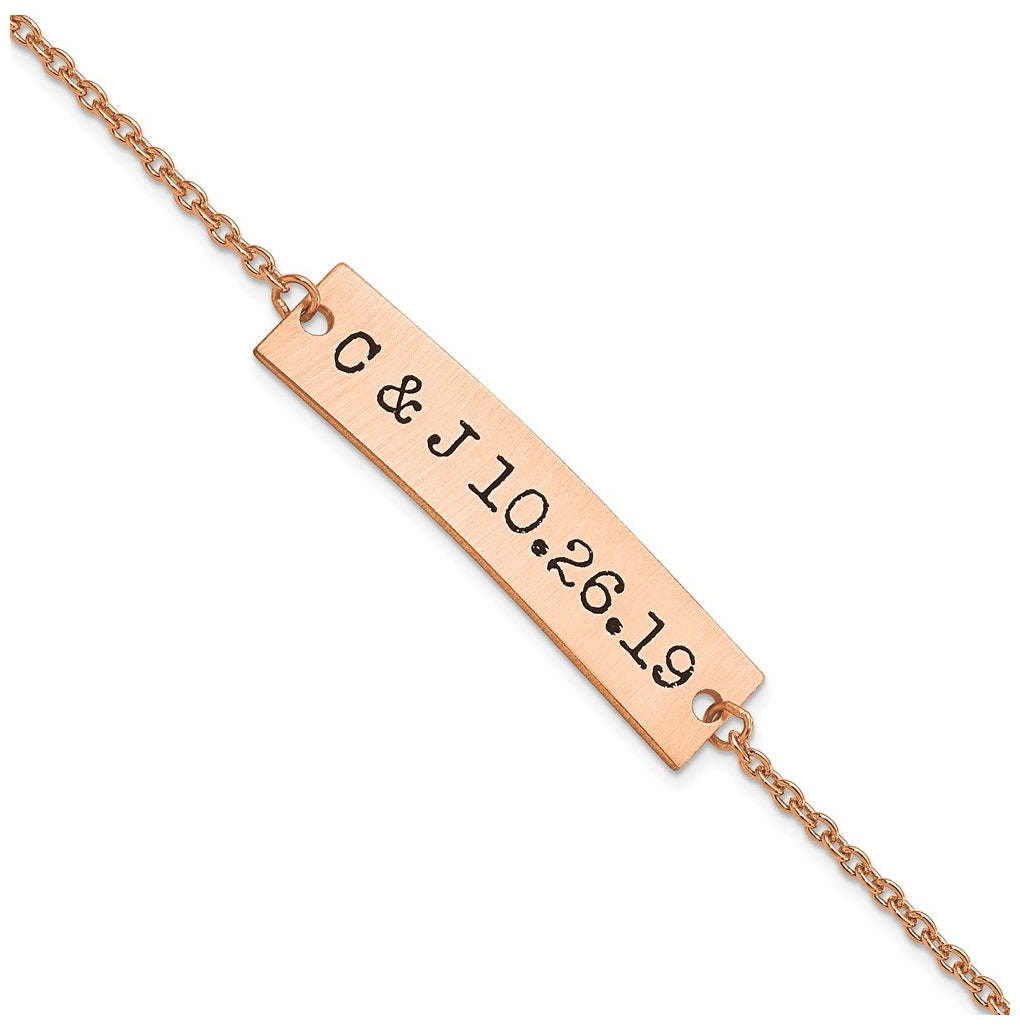 Sterling Silver Rose Gold plated Brushed Couple's Initials and Date Enameled Bar Bracelet