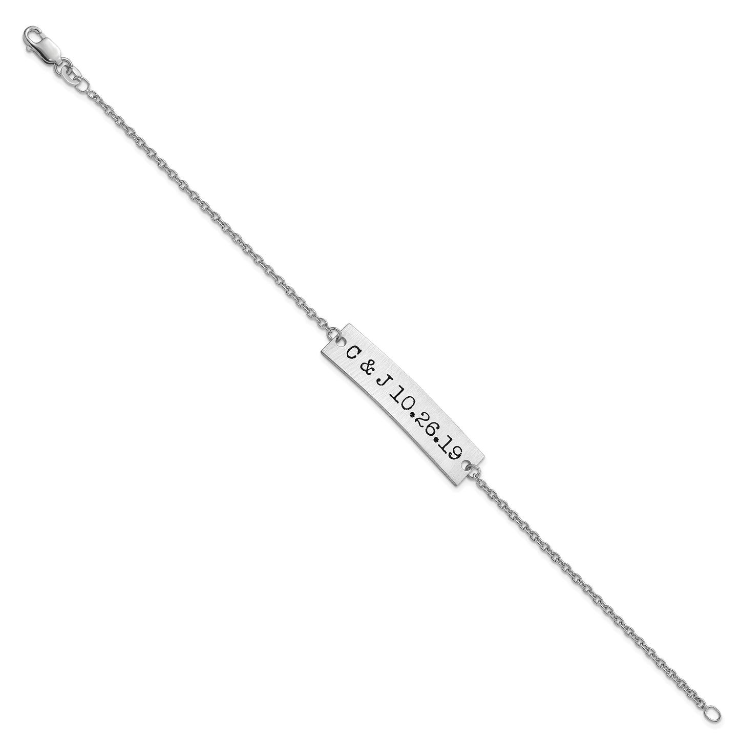 14K White Gold Brushed Couple's Initials and Date Enameled Bar Bracelet