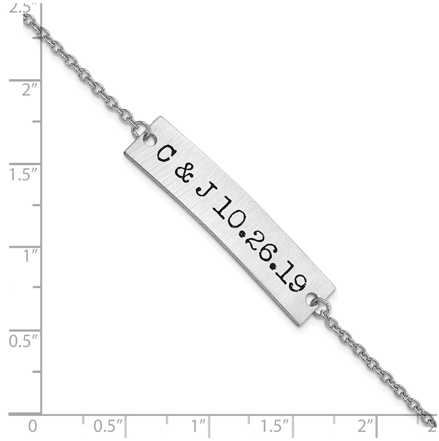 10K White Gold Brushed Couple's Initials and Date Enameled Bar Bracelet