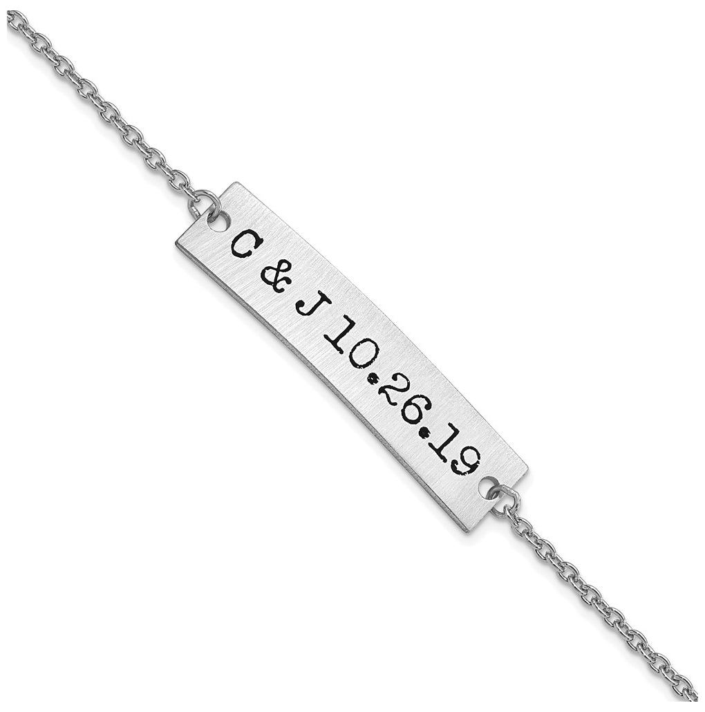 10K White Gold Brushed Couple's Initials and Date Enameled Bar Bracelet