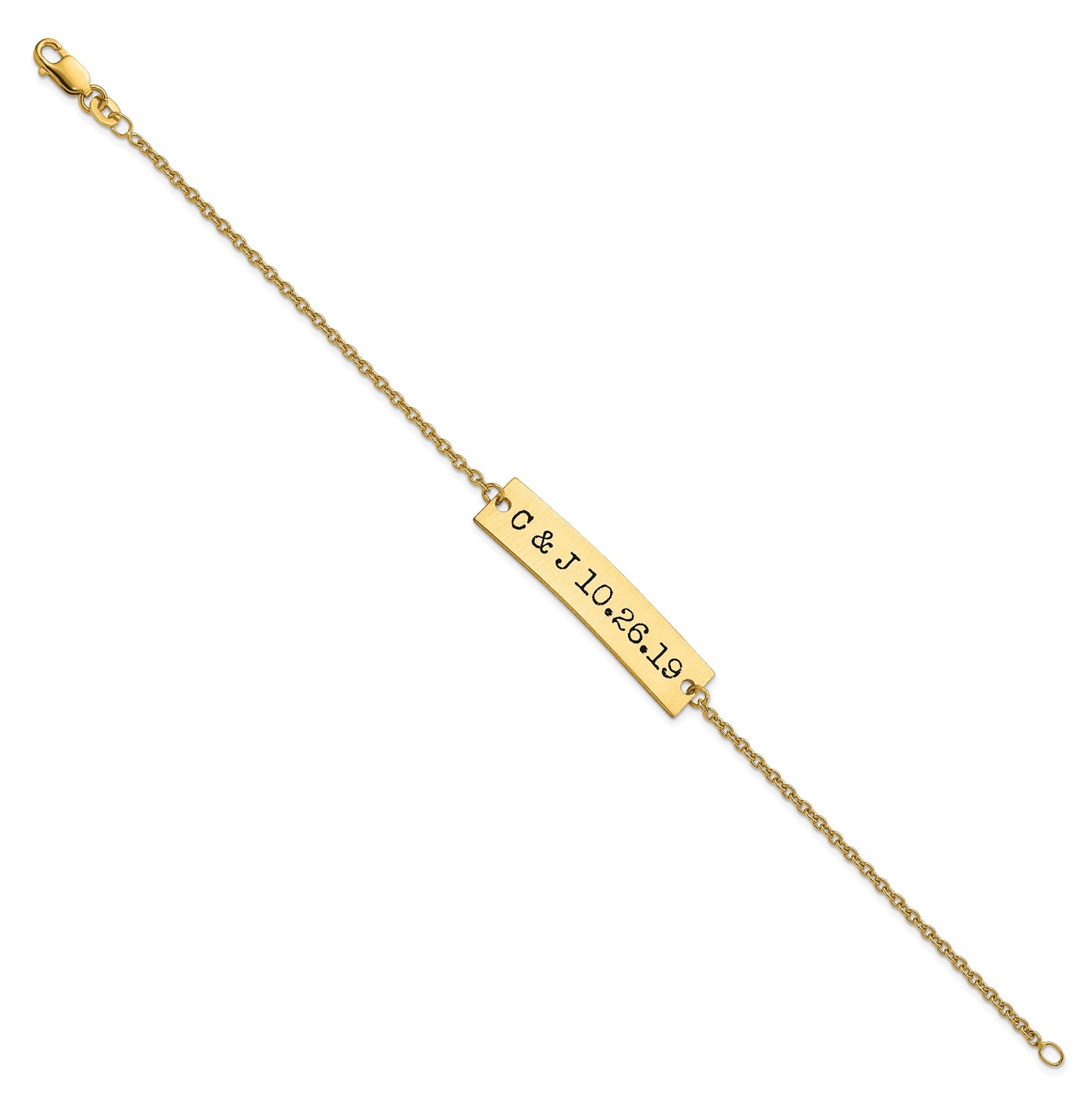 14K Yellow Gold Brushed Couple's Initials and Date Enameled Bar Bracelet