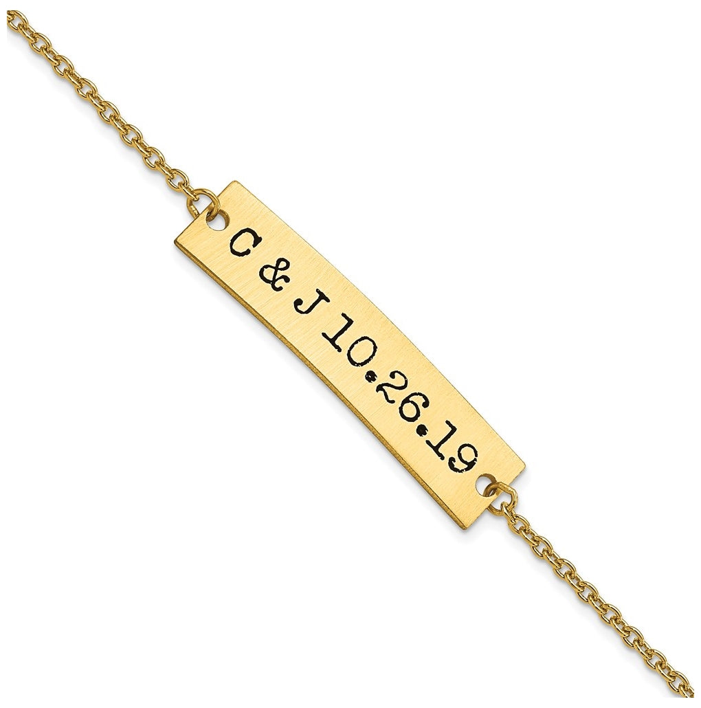 14K Yellow Gold Brushed Couple's Initials and Date Enameled Bar Bracelet