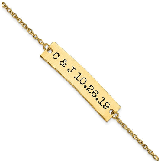 14K Yellow Gold Brushed Couple's Initials and Date Enameled Bar Bracelet