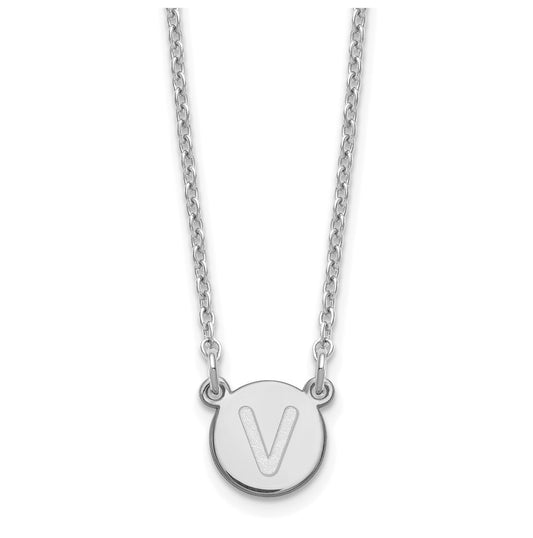 Sterling Silver Rhodium plated Tiny Circle Block Letter V Initial Necklace
