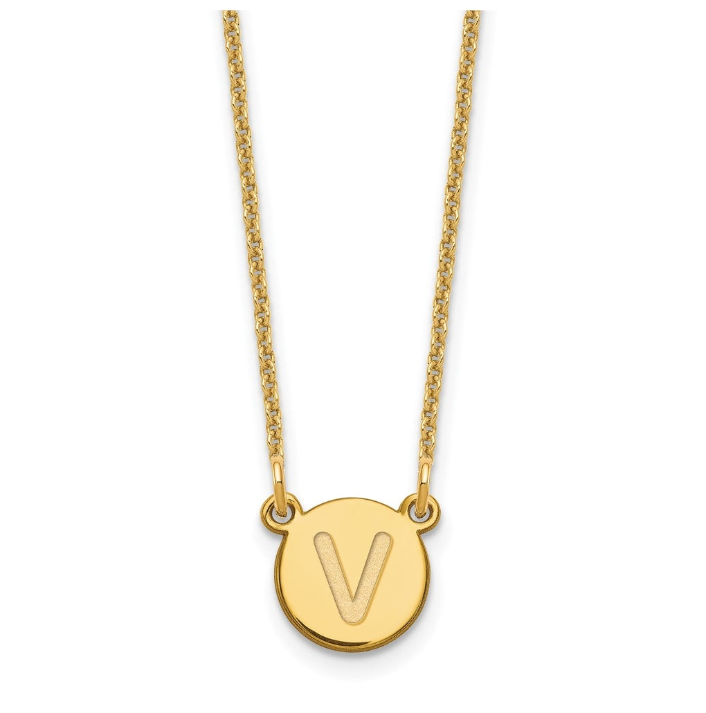 14K Yellow Gold Tiny Circle Block Letter V Initial Necklace