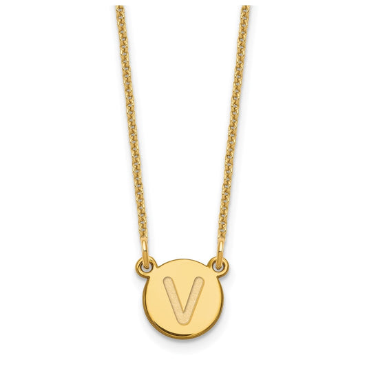 14K Yellow Gold Tiny Circle Block Letter V Initial Necklace