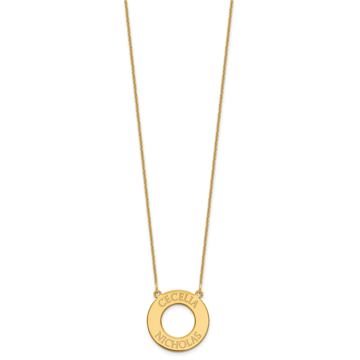 14K Yellow Gold Open Circle with 2 Names Necklace