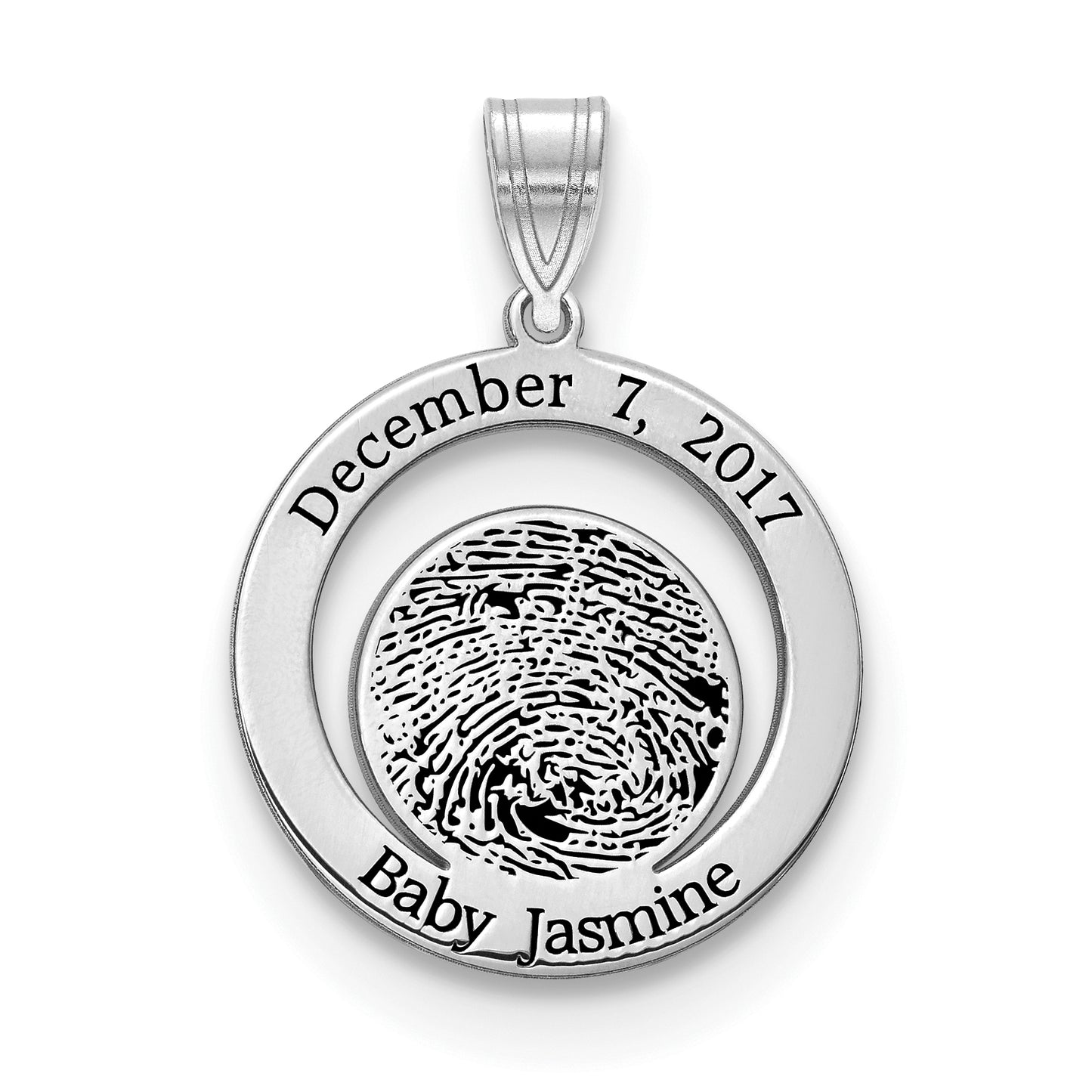 Sterling Silver Rhodium plated Date of Birth and Fingerprint Pendant