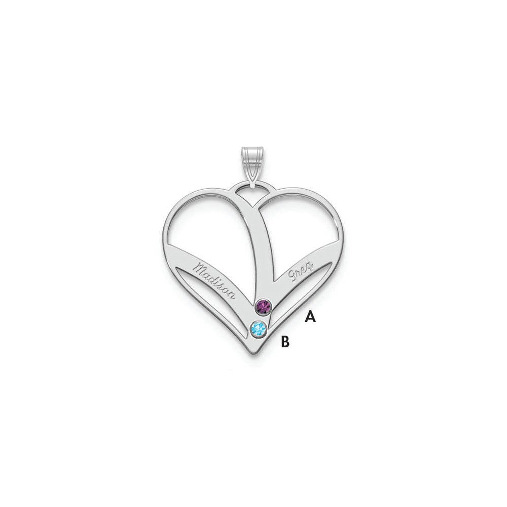 Sterling Silver Rhodium plated 2 Name and Birthstone Cut Out Heart Pendant