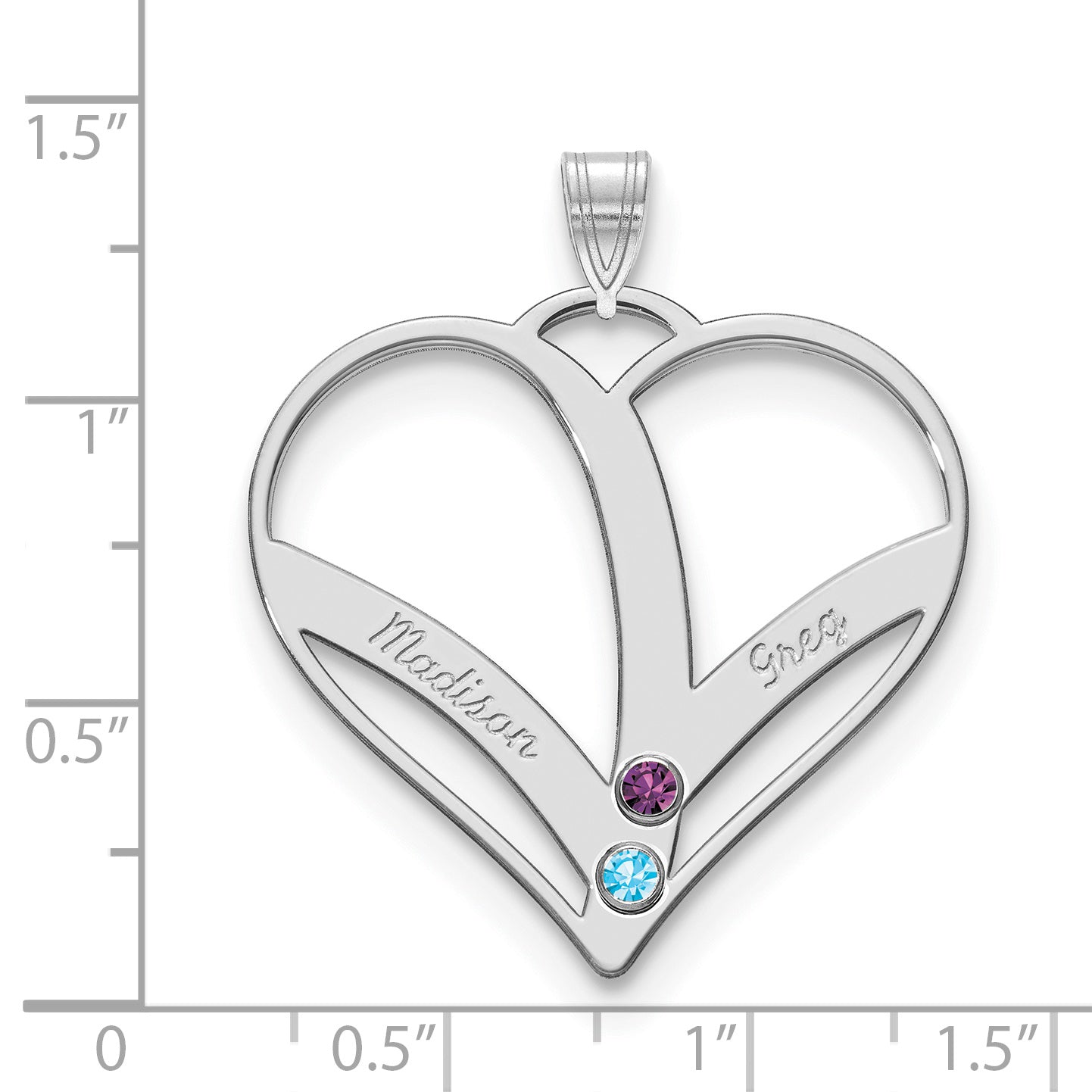 Sterling Silver Rhodium plated 2 Name and Birthstone Cut Out Heart Pendant