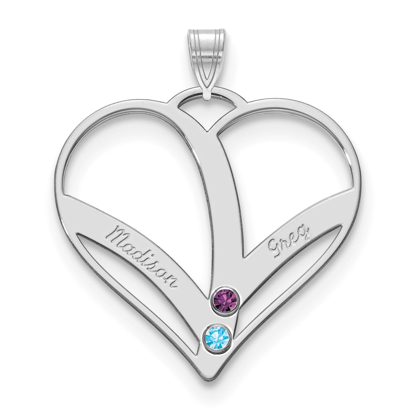 Sterling Silver Rhodium plated 2 Name and Birthstone Cut Out Heart Pendant
