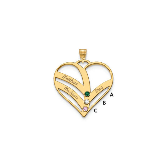 10K Yellow Gold 3-Name w/Birthstones w/14k Bezel Cut Out Heart Pendant