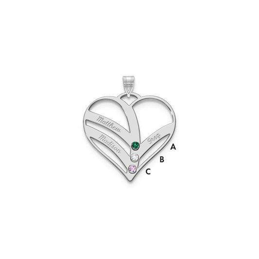 10K White Gold 3-Name w/Birthstones w/14k Bezel Cut Out Heart Pendant