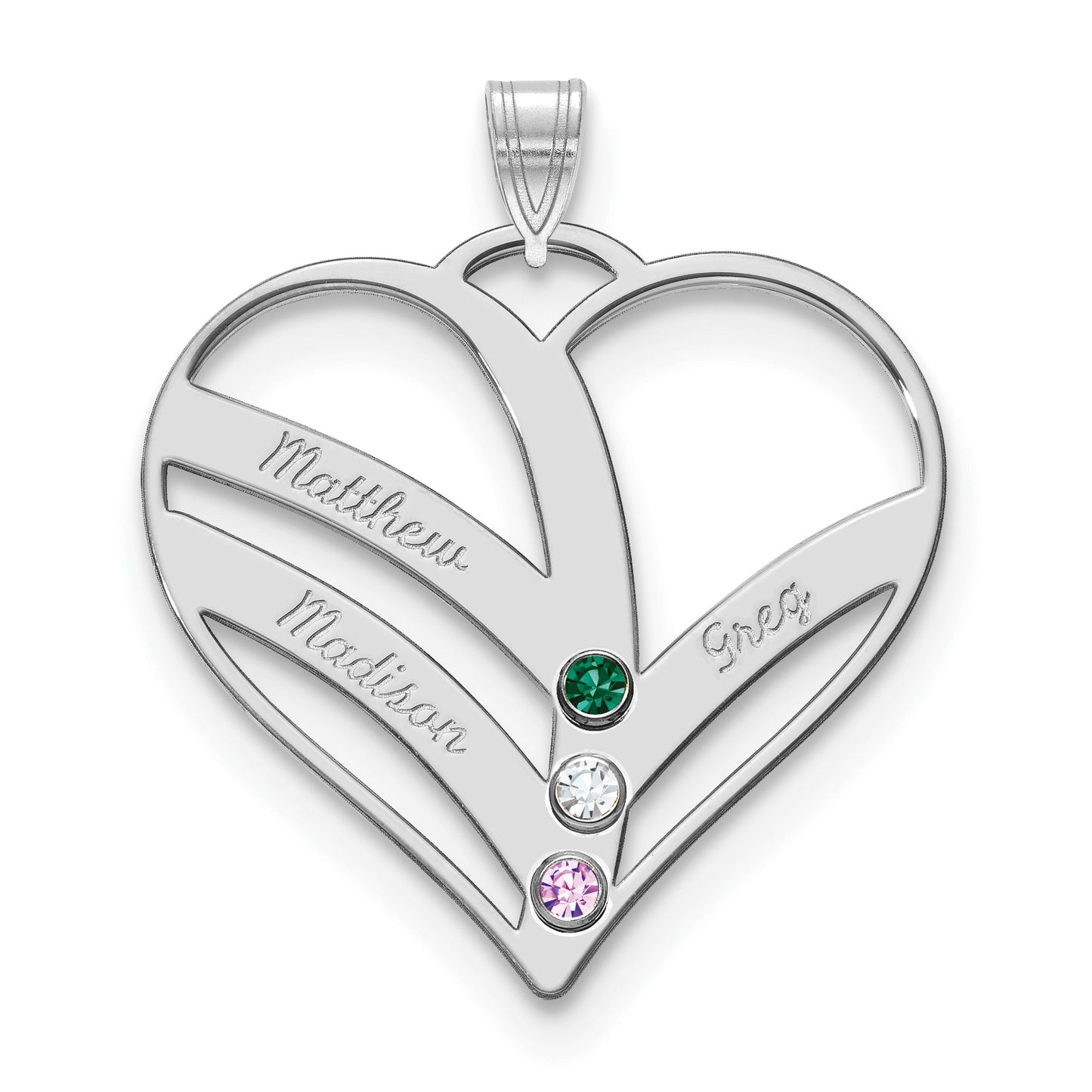 10K White Gold 3-Name w/Birthstones w/14k Bezel Cut Out Heart Pendant