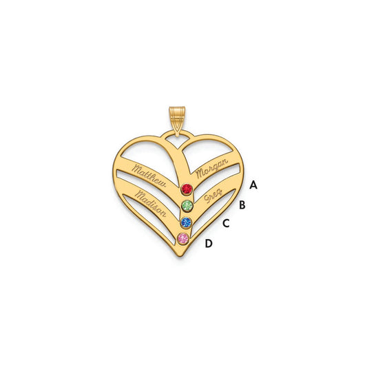 10K Yellow Gold 4-Name w/Birthstones w/14k Bezel Cut Out Heart Pendant