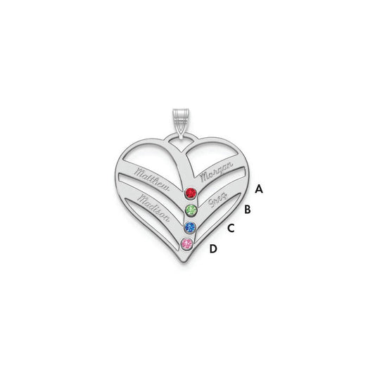 14K White Gold 4-Name w/Birthstones w/18k Rhod-plated Bezel Cut Out Heart Pendant