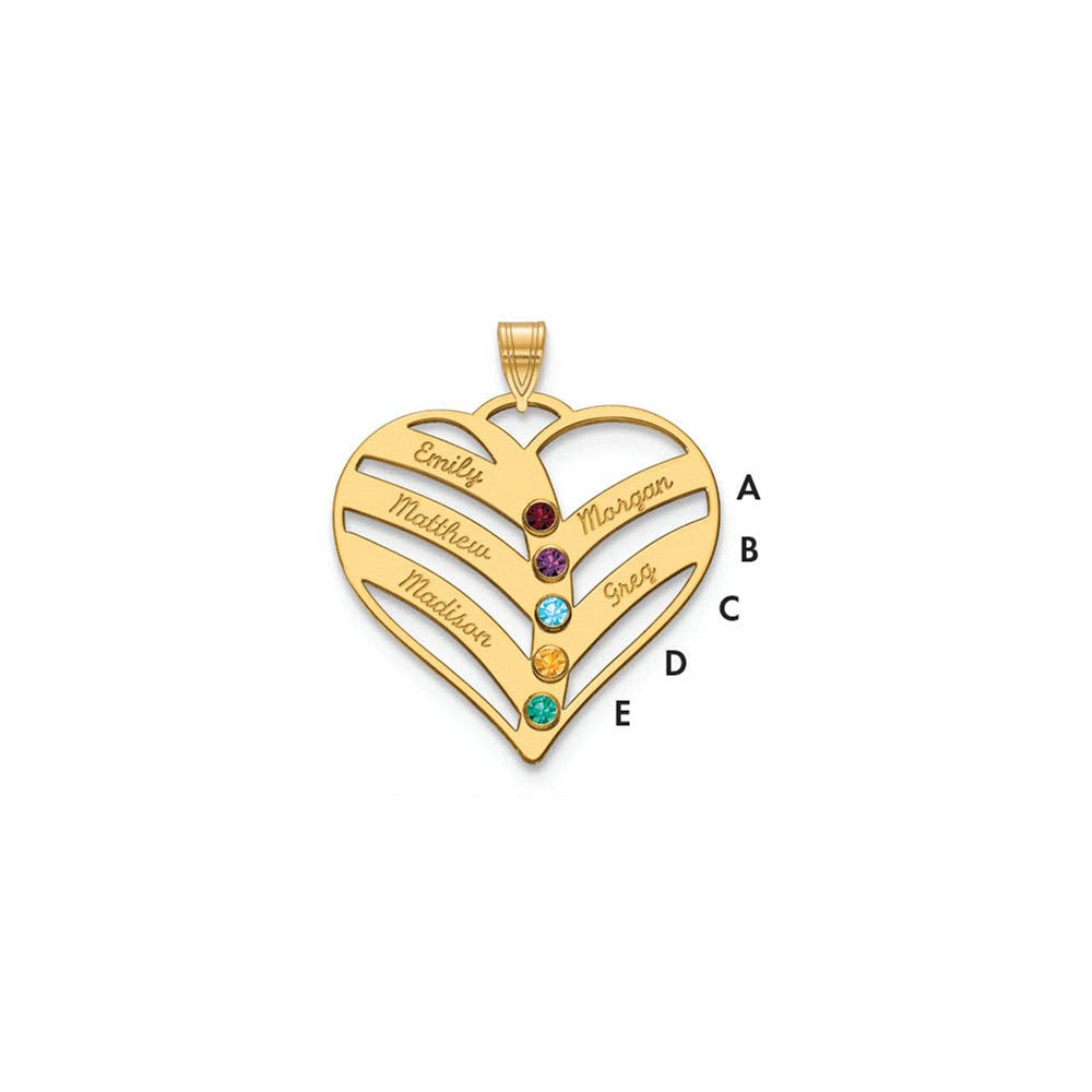 Sterling Silver Gold plated 5 Name and Birthstone Cut Out Heart Necklace