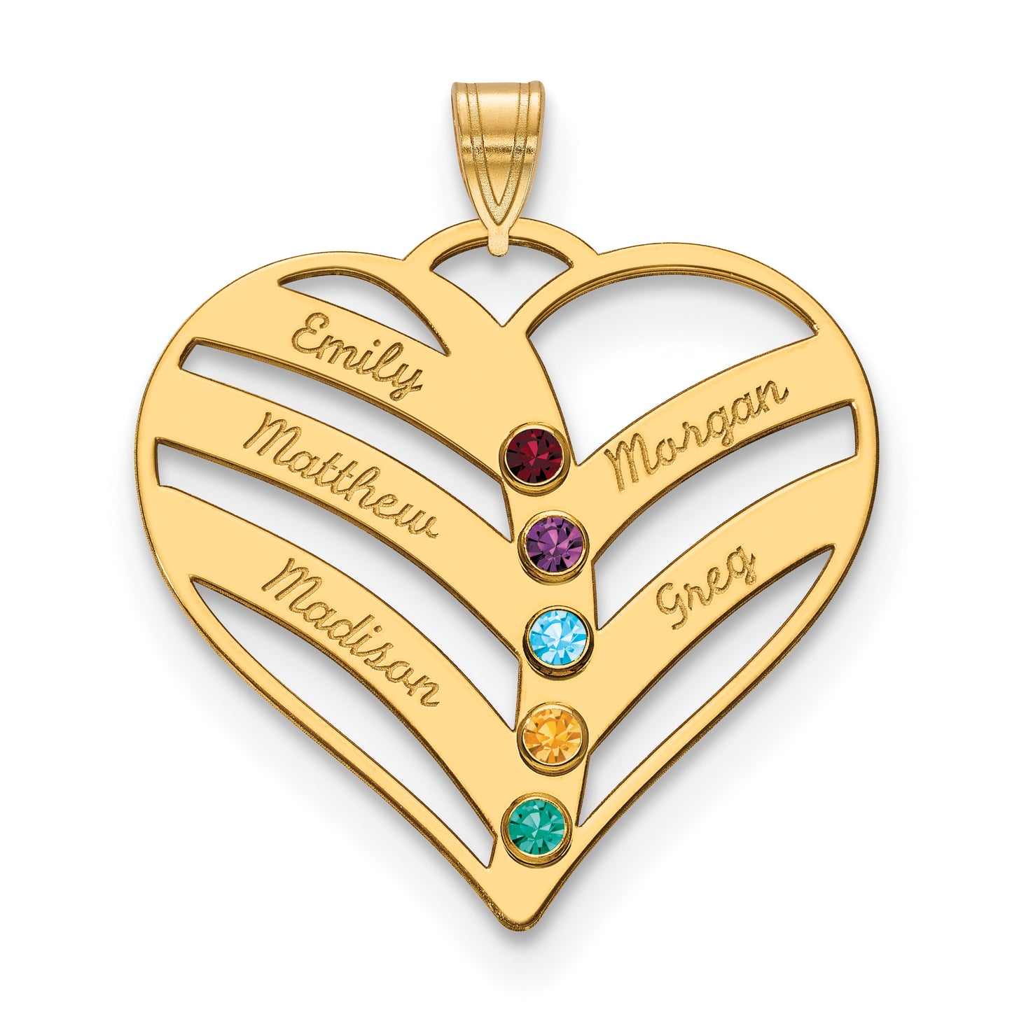 Sterling Silver Gold plated 5 Name and Birthstone Cut Out Heart Necklace