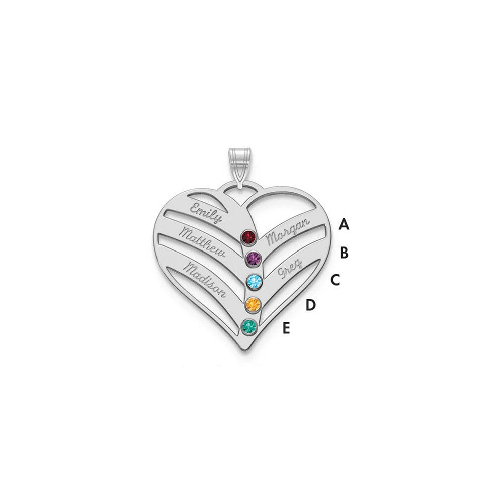 Sterling Silver Rhodium plated 5 Name and Birthstone Cut Out Heart Necklace