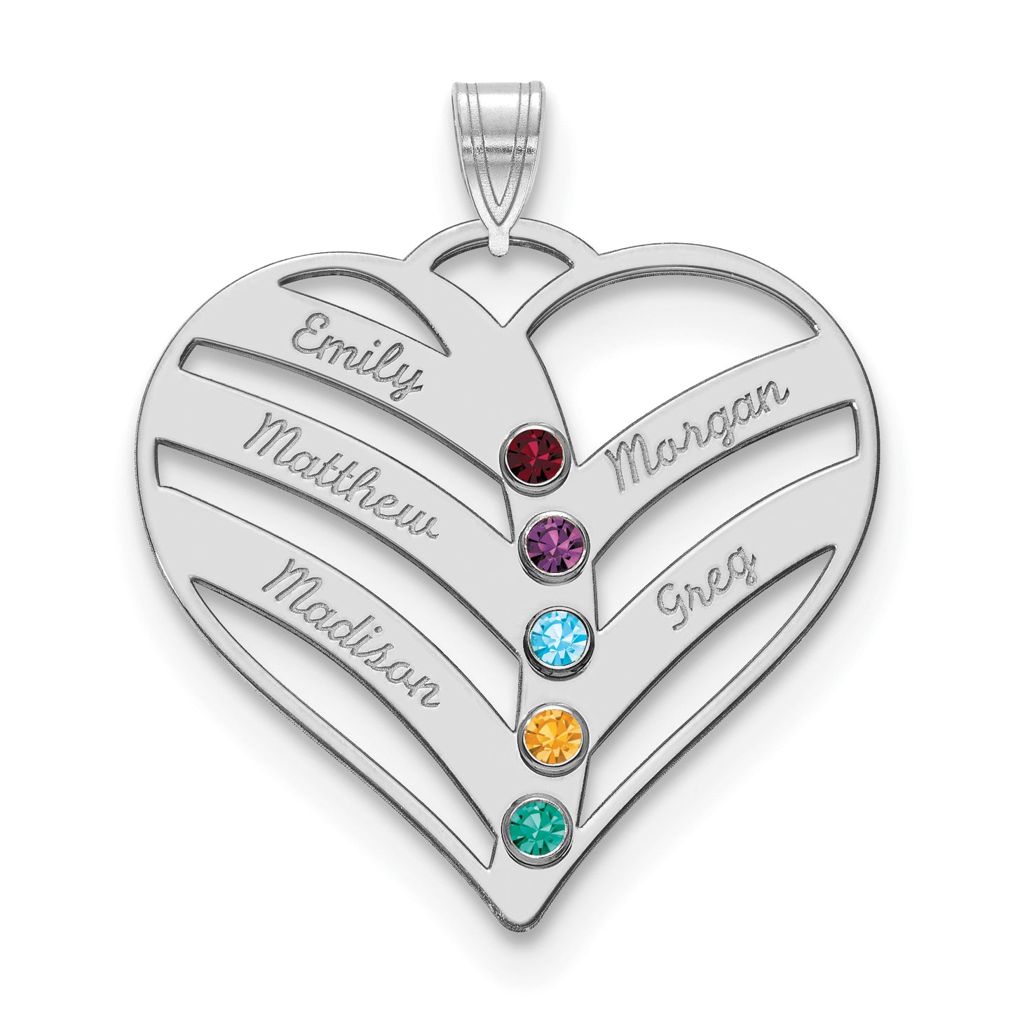 Sterling Silver Rhodium plated 5 Name and Birthstone Cut Out Heart Necklace