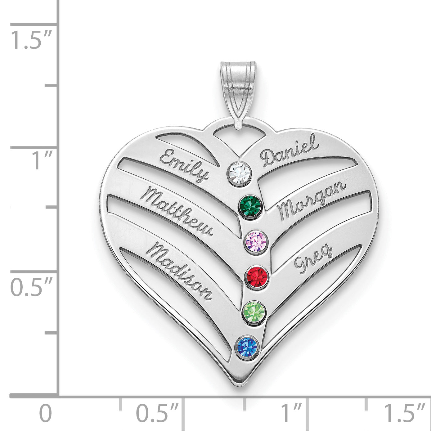 Sterling Silver Rhodium plated 6 Name and Birthstone Cut Out Heart Necklace