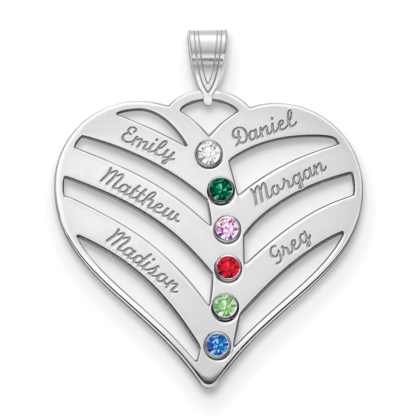 Sterling Silver Rhodium plated 6 Name and Birthstone Cut Out Heart Necklace