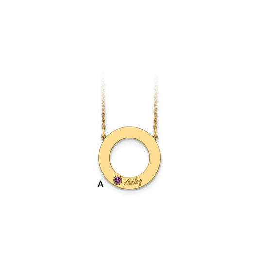 10K Yellow Gold 1 Name and Birthstone w/ 14k Bezel Cut Out Circle Necklace