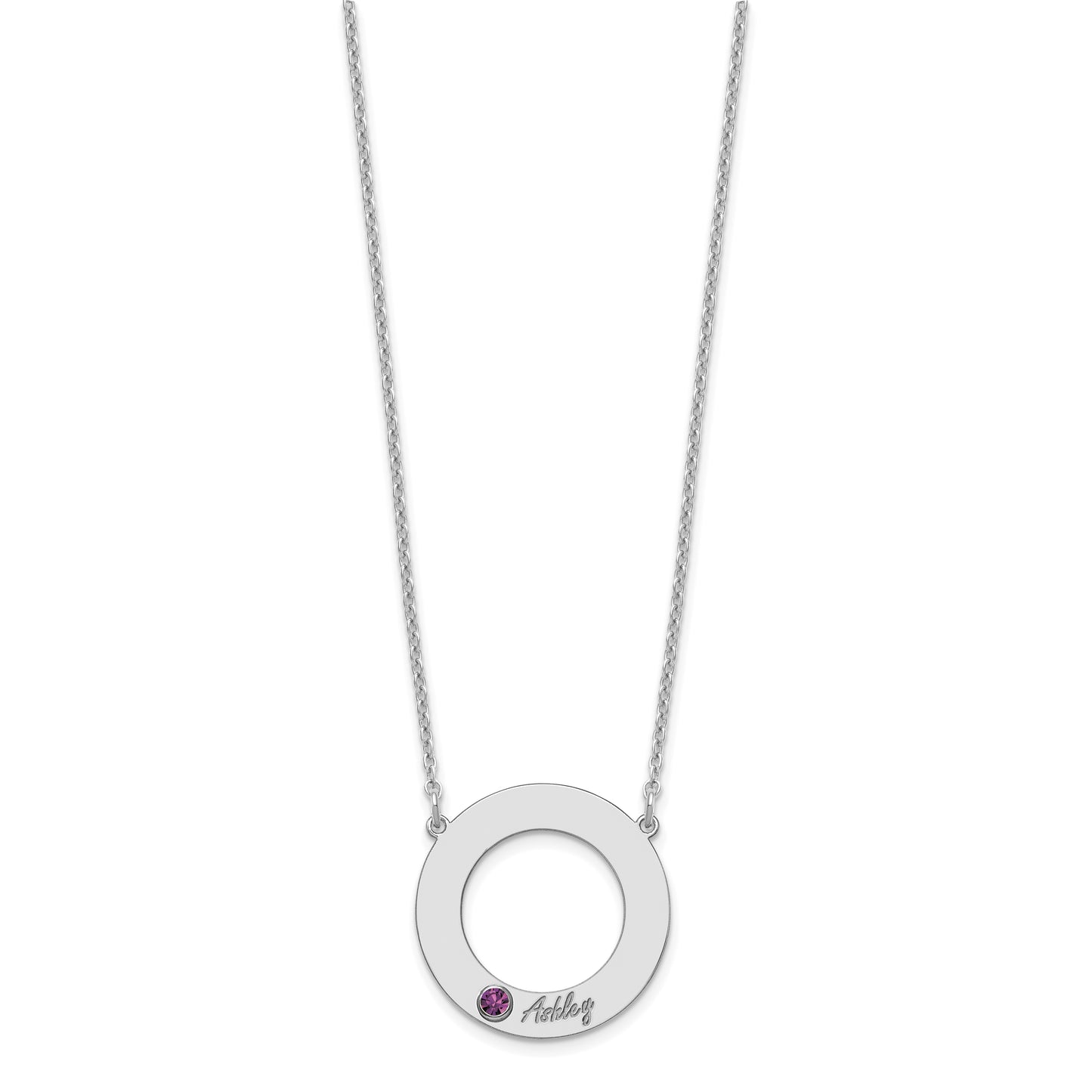 Sterling Silver Rhodium plated 1 Name and Birthstone Cut Out Circle Necklace