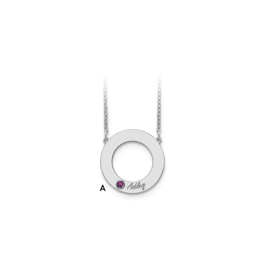 14K White Gold 1 Name & Birthstone with 18k Rhodium Plated Bezel Circle Necklace