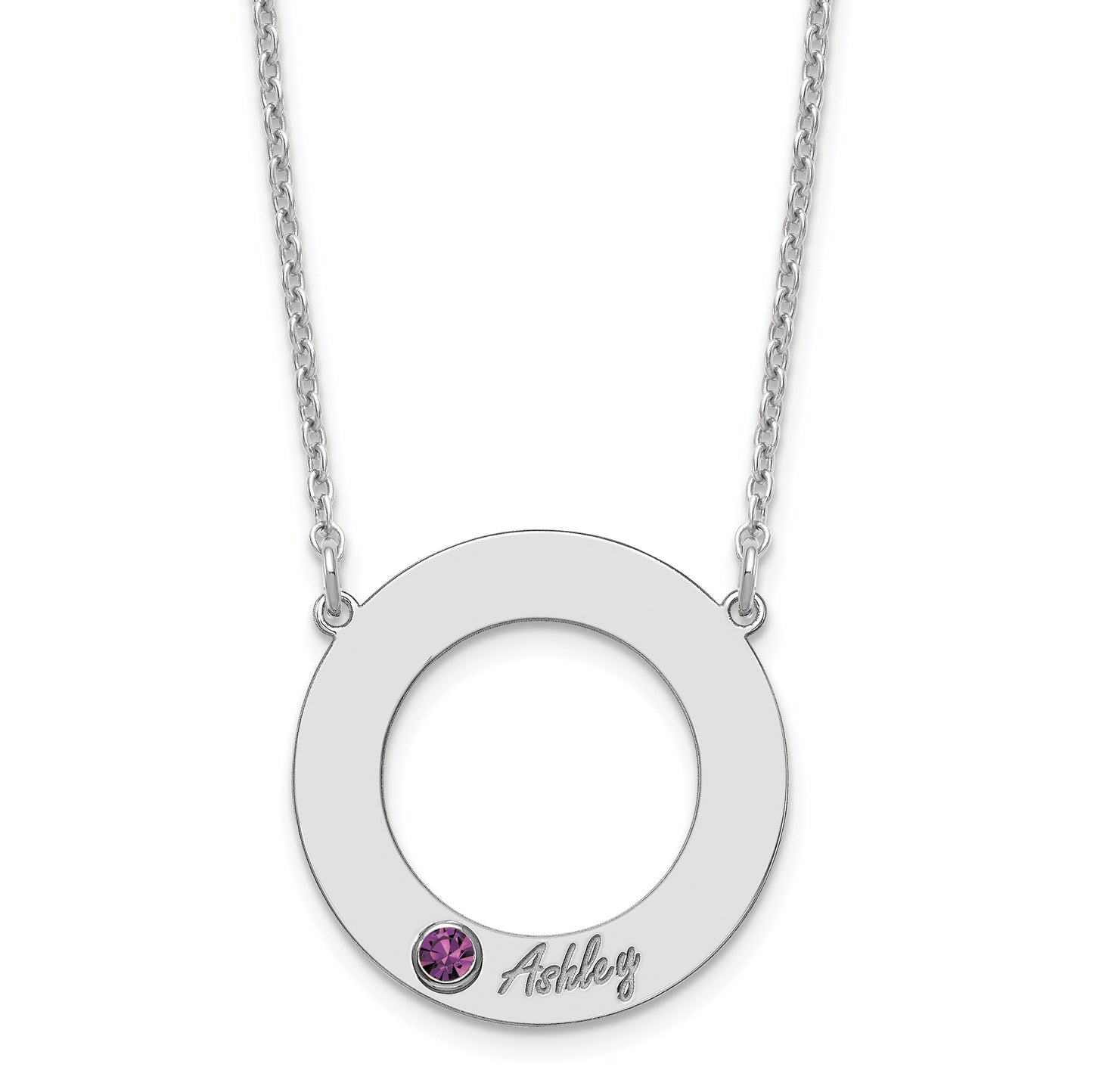 Sterling Silver Rhodium plated 1 Name and Birthstone Cut Out Circle Necklace