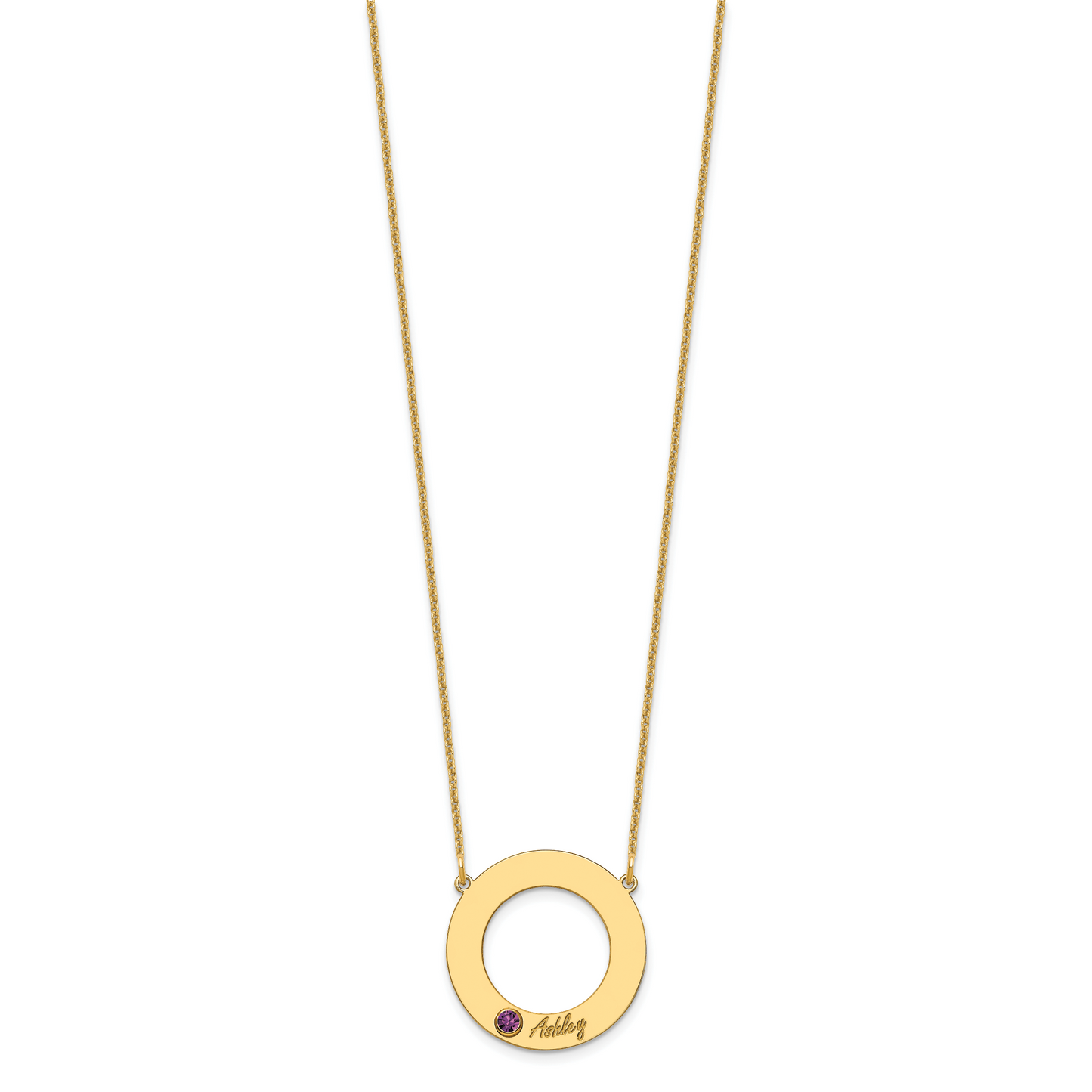 14K Yellow Gold 1 Name and Birthstone w/ 14k Bezel Cut Out Circle Necklace