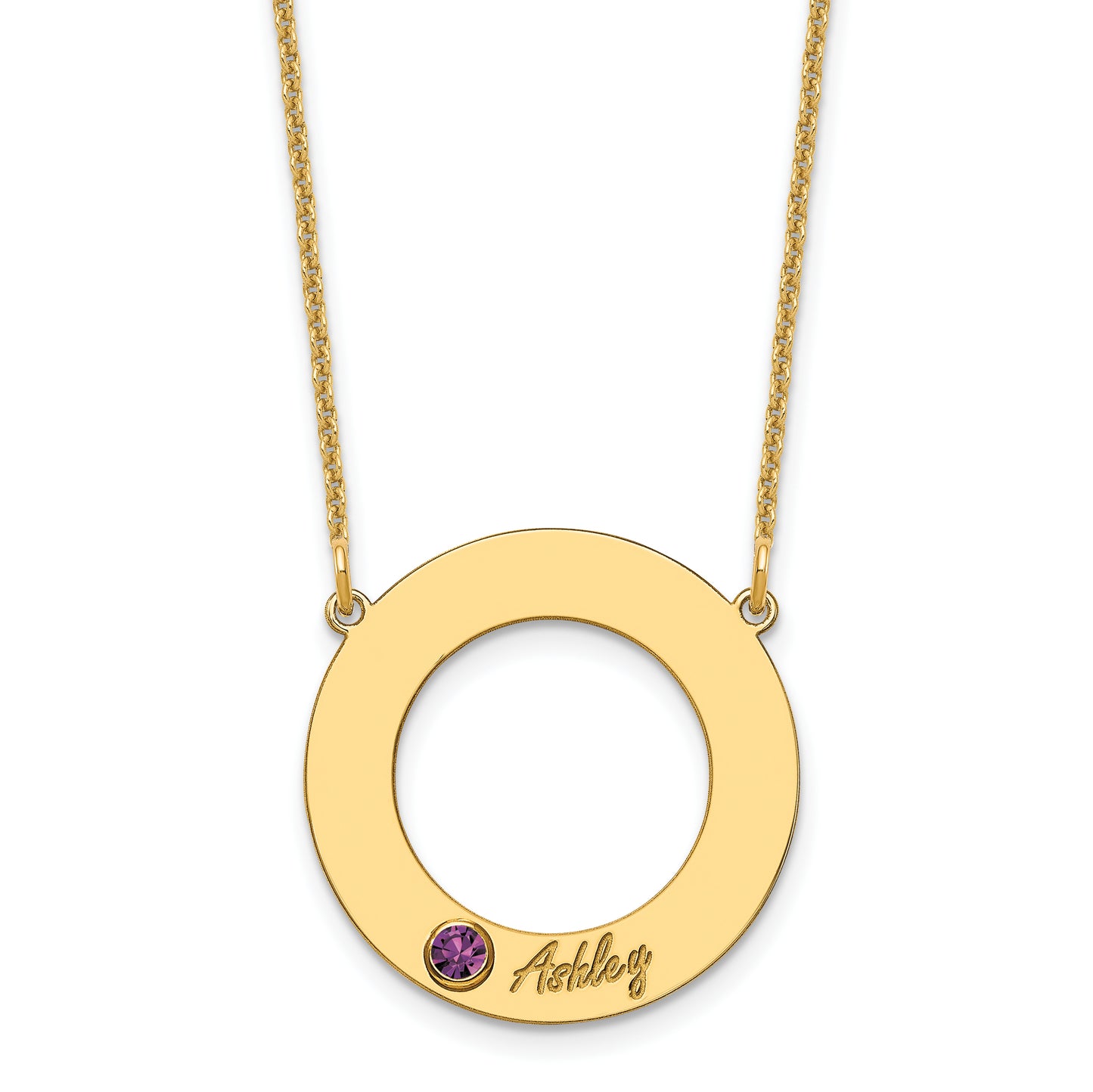 14K Yellow Gold 1 Name and Birthstone w/ 14k Bezel Cut Out Circle Necklace