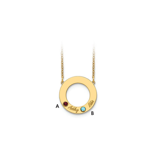 10K Yellow Gold 2 Name and Birthstone w/ 14k Bezel Cut Out Circle Necklace