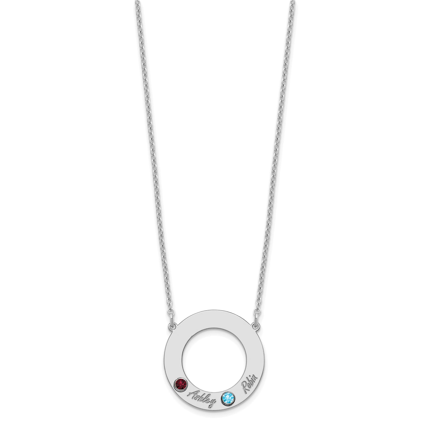 Sterling Silver Rhodium plated 2 Name and Birthstone Cut Out Circle Necklace