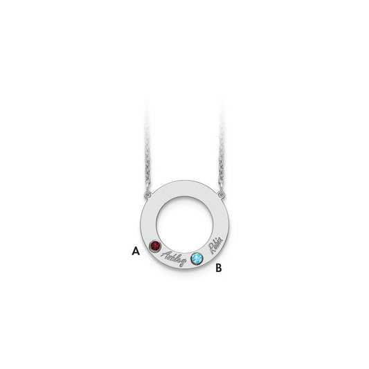 10K White Gold 2 Name and Birthstone with 14k Bezel Cut Out Circle Necklace
