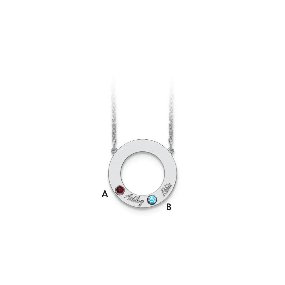 14K White Gold 2 Name & Birthstone with 18k Rhodium Plated Bezel Circle Necklace