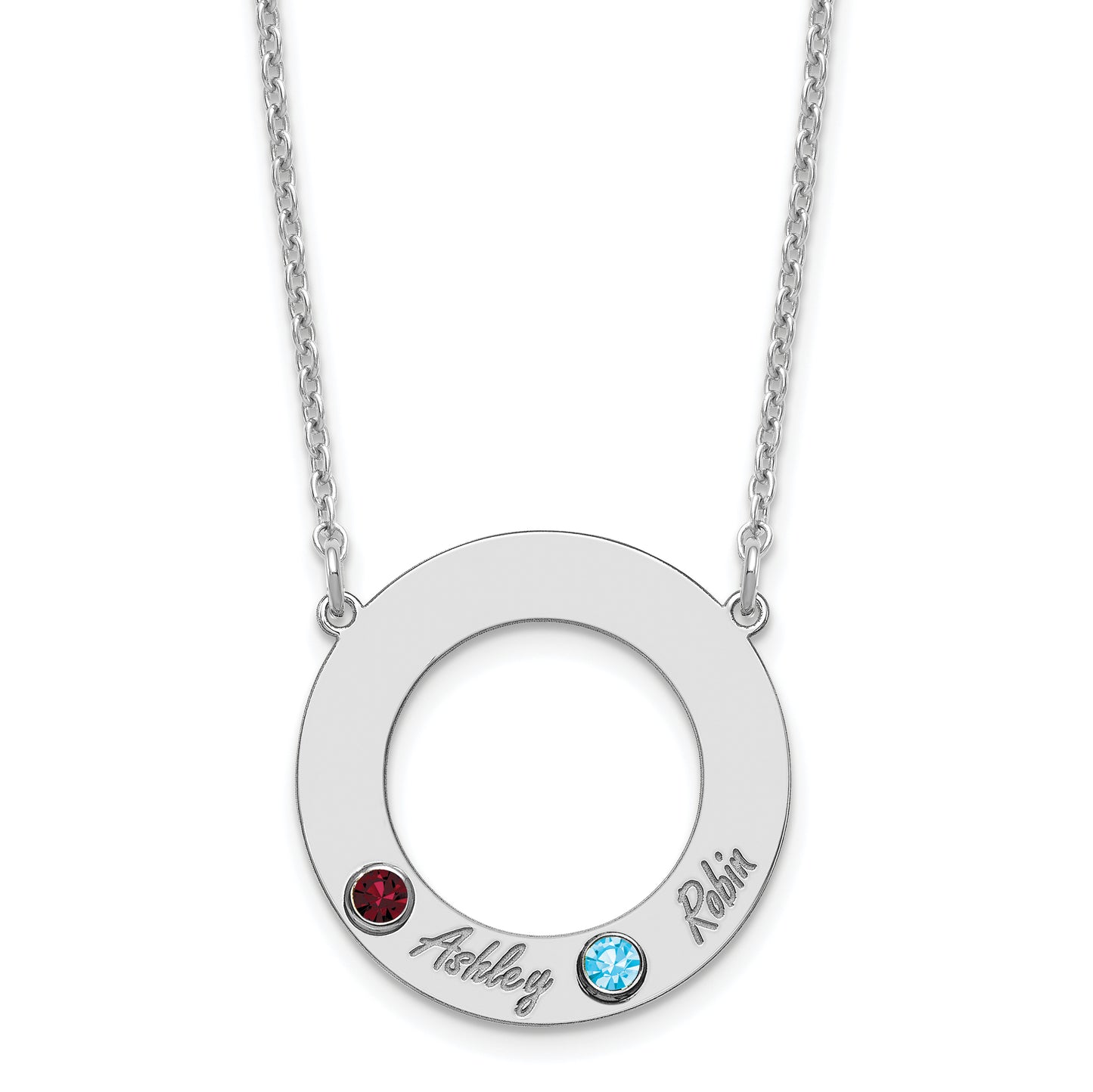 Sterling Silver Rhodium plated 2 Name and Birthstone Cut Out Circle Necklace