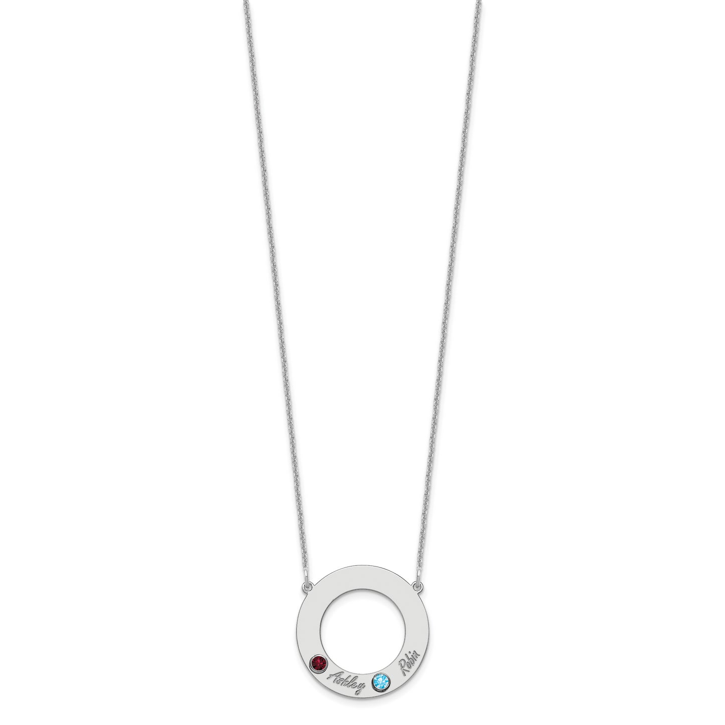 14K White Gold 2 Name & Birthstone with 18k Rhodium Plated Bezel Circle Necklace