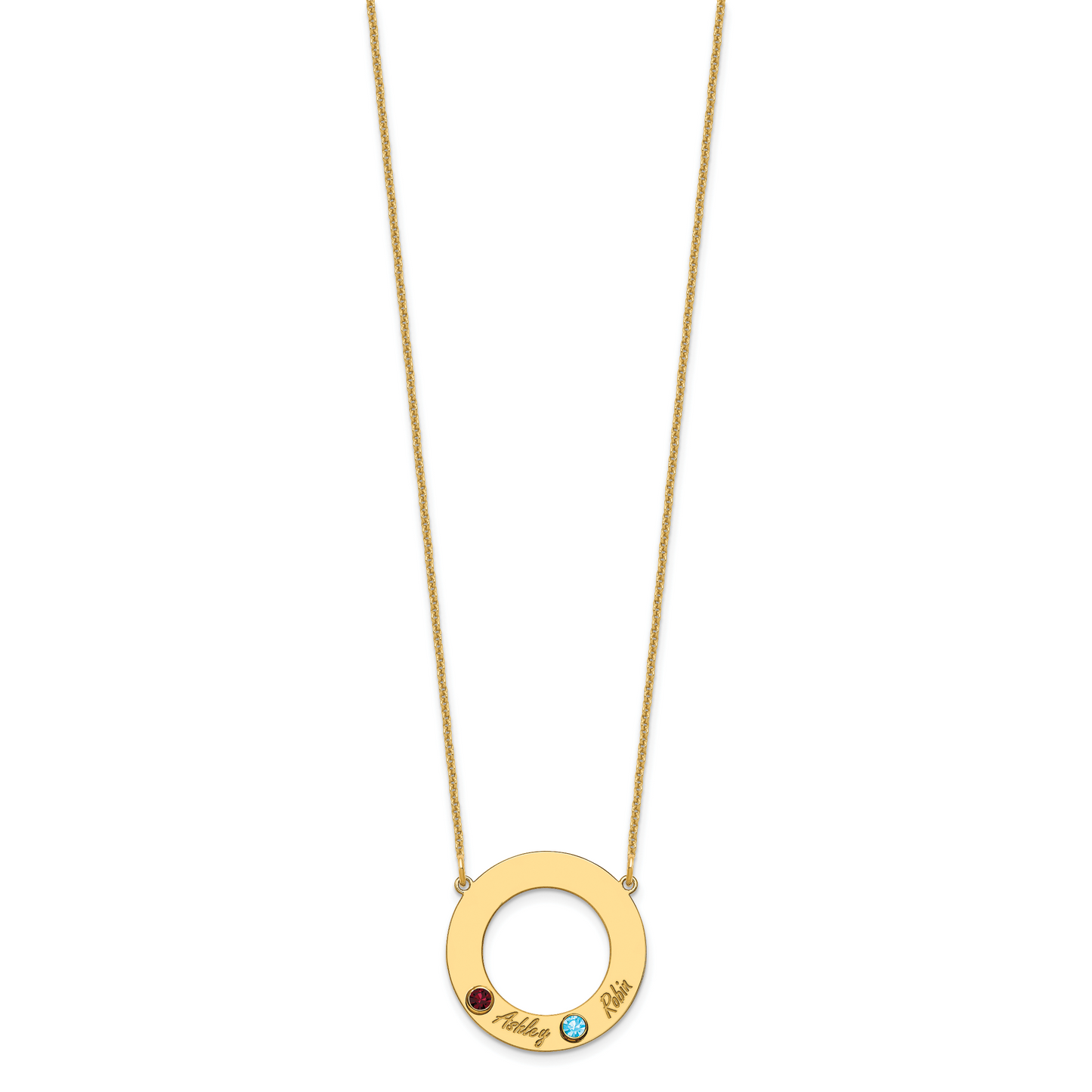 14K Yellow Gold 2 Name and Birthstone w/ 14k Bezel Cut Out Circle Necklace