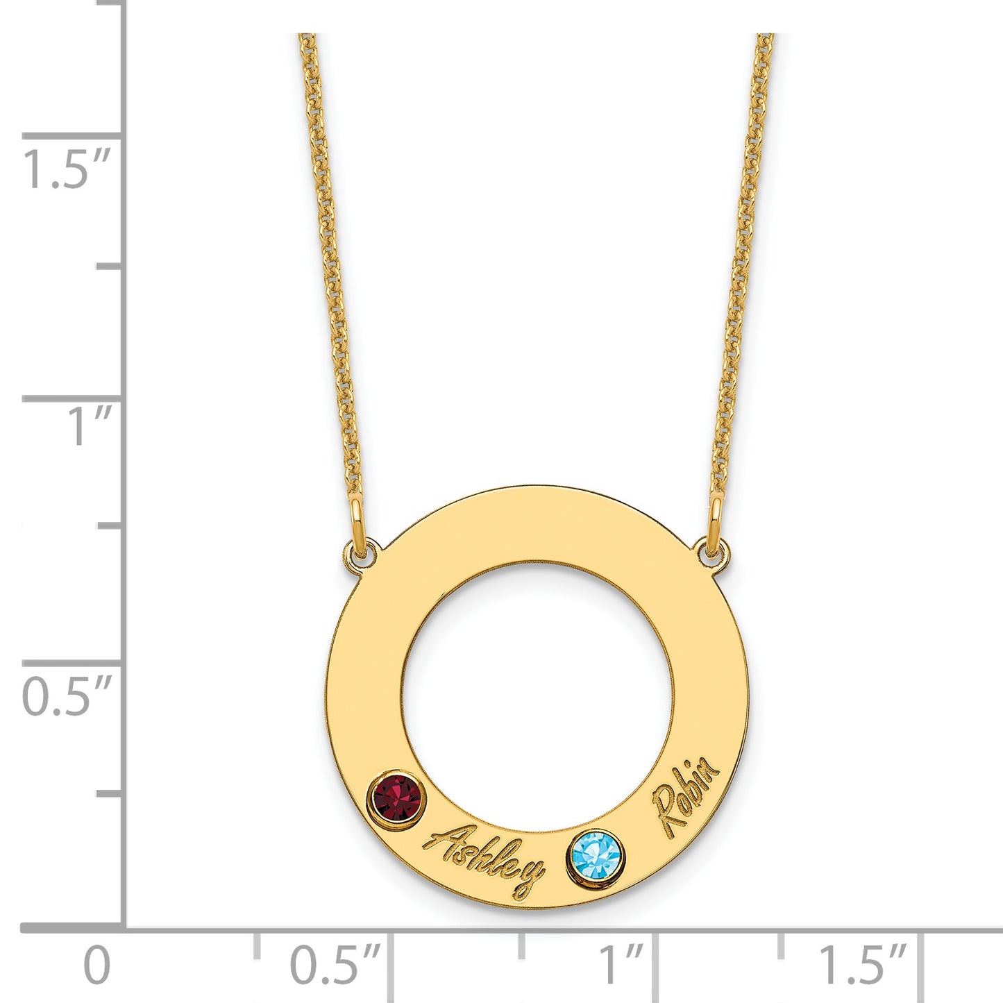 14K Yellow Gold 2 Name and Birthstone w/ 14k Bezel Cut Out Circle Necklace