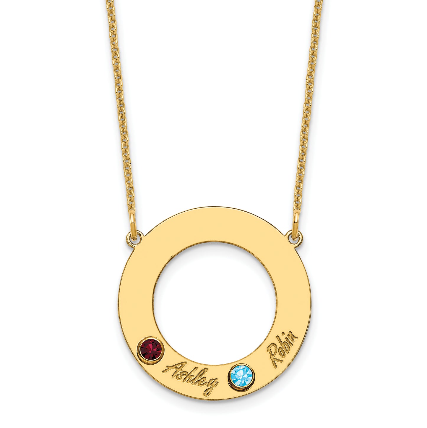 14K Yellow Gold 2 Name and Birthstone w/ 14k Bezel Cut Out Circle Necklace