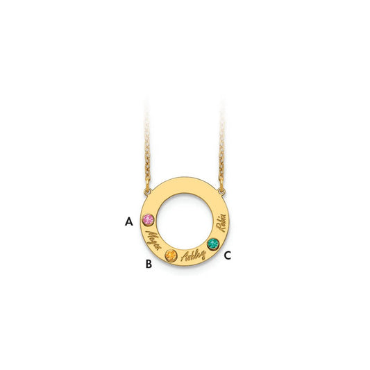 10K Yellow Gold 3 Name and Birthstone w/ 14k Bezel Cut Out Circle Necklace